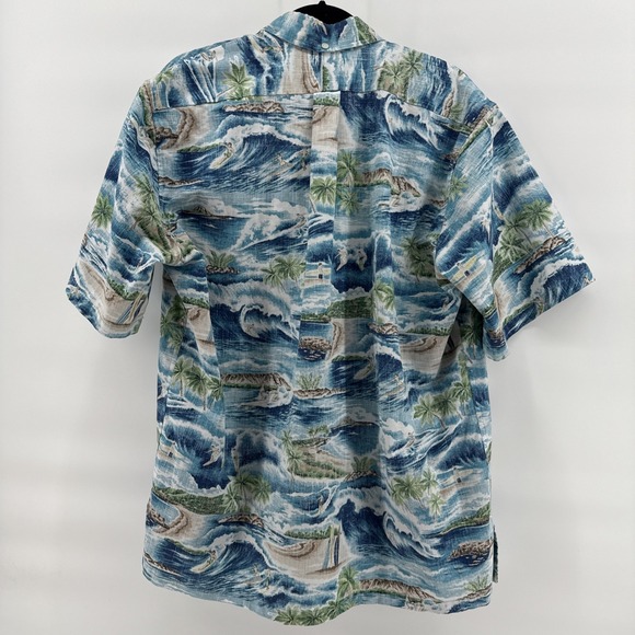 Reyn Spooner Hawaiian Shirt Mens Large Blue Ocean Surfer Print Pullover Pocket - Picture 2 of 10